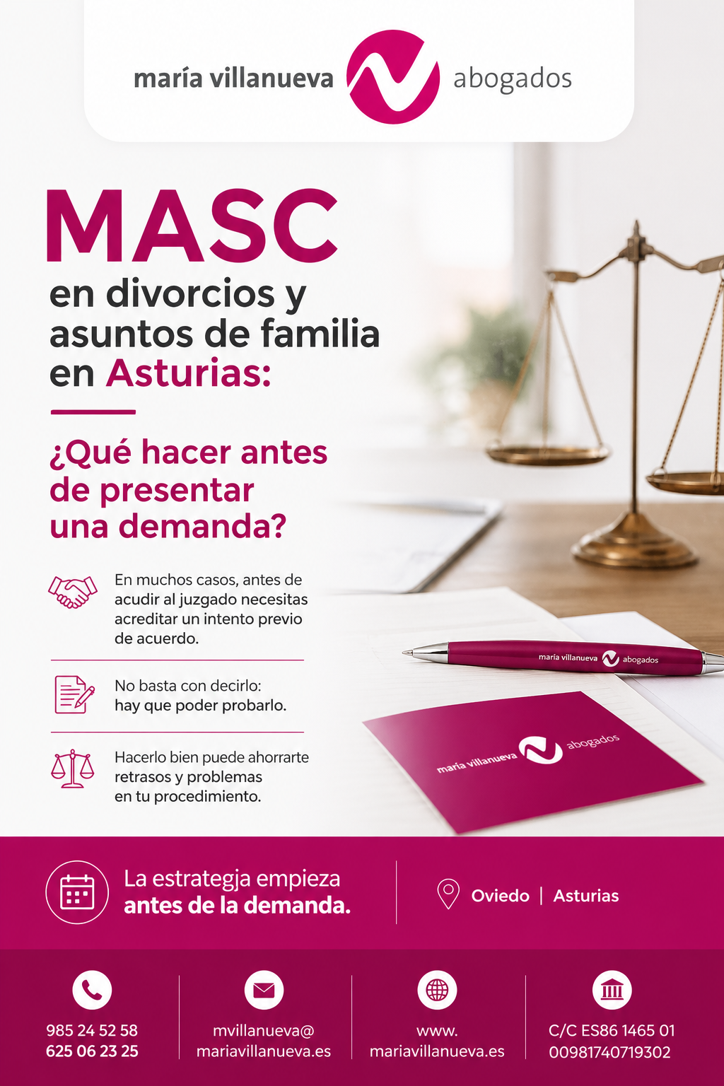 Imagen corporativa de María Villanueva Abogados en tonos magenta sobre MASC en divorcios y asuntos de familia en Asturias, con balanza de justicia y mensaje sobre qué hacer antes de presentar una demanda.
