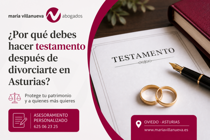 Imagen destacada sobre testamento tras divorcio en Asturias con documento testamentario, alianzas, pluma estilográfica y diseño corporativo de María Villanueva Abogados en tonos granate.