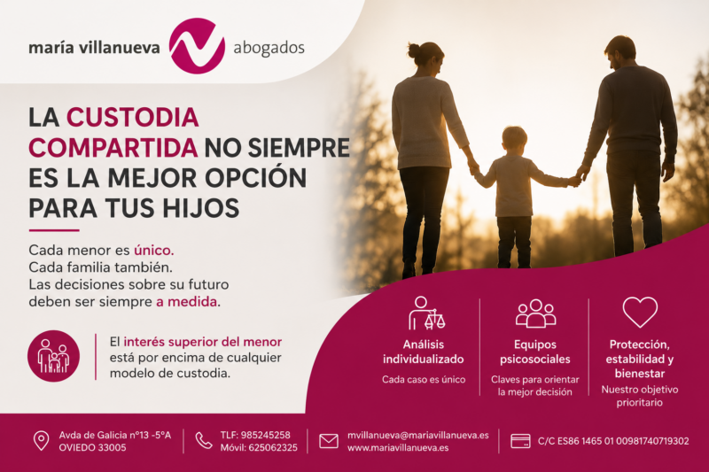 Imagen corporativa de María Villanueva Abogados sobre custodia compartida y protección del interés superior del menor, con una familia caminando junto a un niño y mensaje sobre decisiones individualizadas en Derecho de Familia.