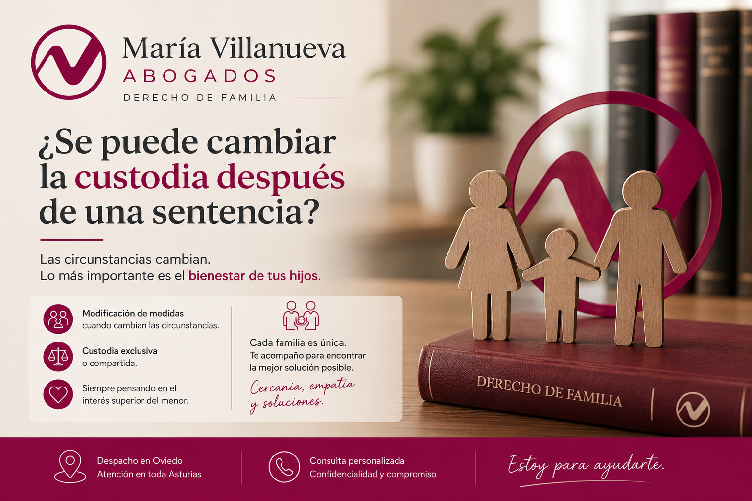 Imagen corporativa de María Villanueva Abogados sobre modificación de custodia en Asturias, con figuras familiares y mensaje sobre cambio de custodia tras una sentencia.