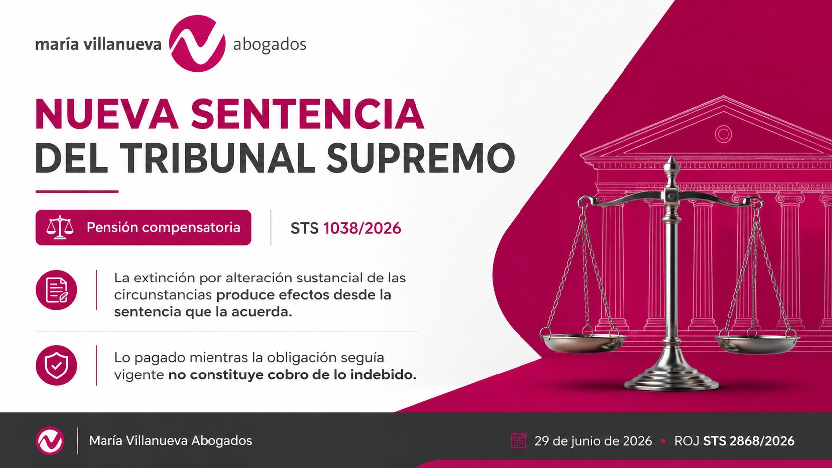 Infografía sobre la STS 1038/2026, de 29 de junio, relativa a la extinción de la pensión compensatoria y la devolución de cantidades abonadas.