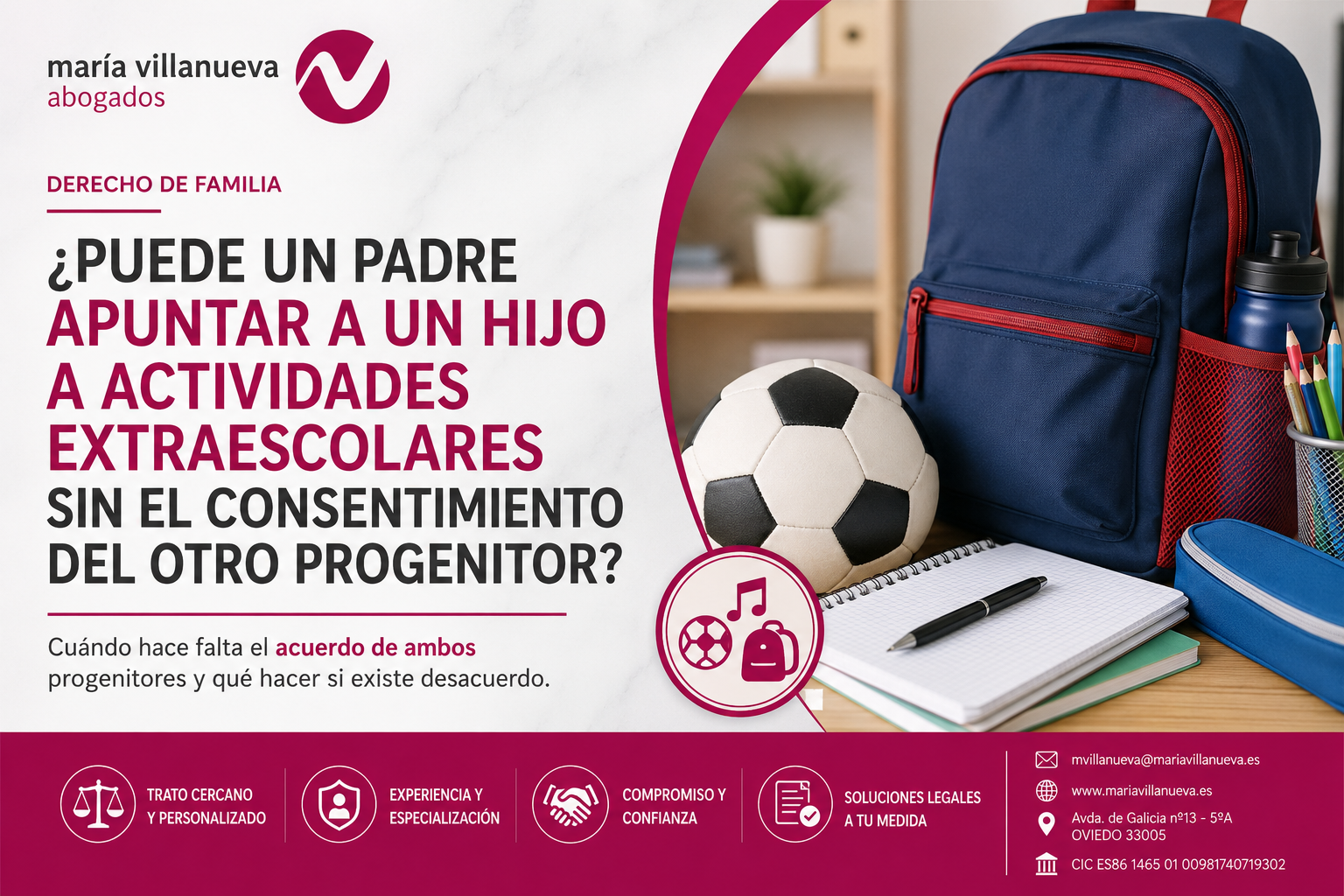 ¿Puede un padre apuntar a un hijo a actividades extraescolares sin el consentimiento del otro progenitor? Imagen informativa sobre patria potestad y Derecho de Familia.